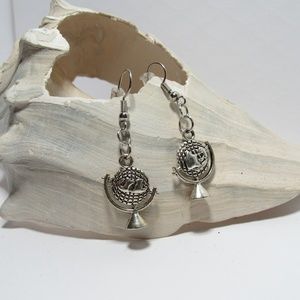 Silver toned Globe Earth Dangle Earrings